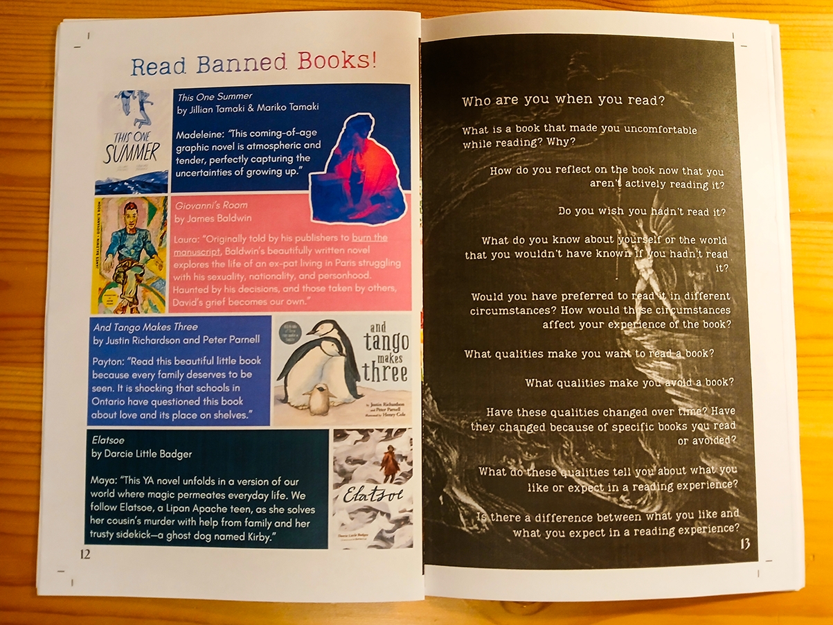 A two-page spread from the zine, featuring a list of banned books.