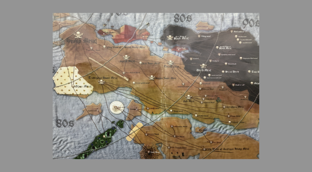 Patrick Galbraith, designed this map to visualize the growth and evolution of heavy metal music from the 1960s to the 1990s. 