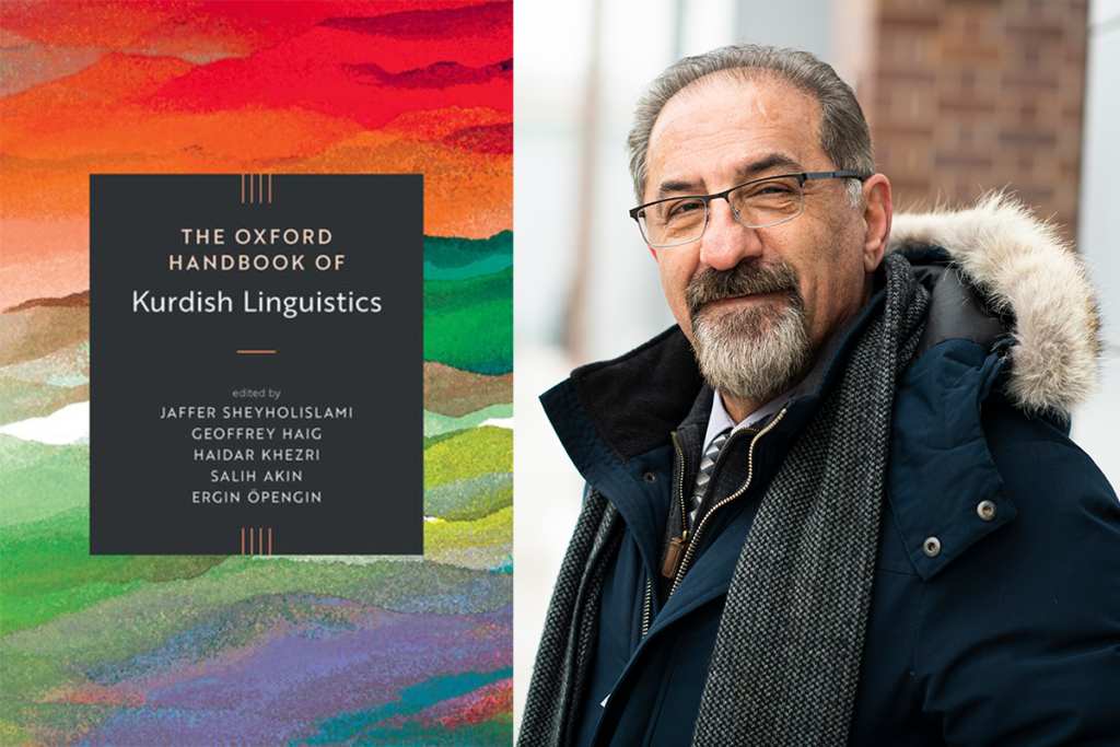 The cover of the Oxford Handbook of Kurdish Languages, next to a headshot of Jaffer Sheyholislami.