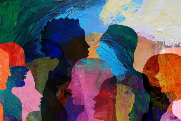 An illustration of colourful overlapping silhouettes of different people