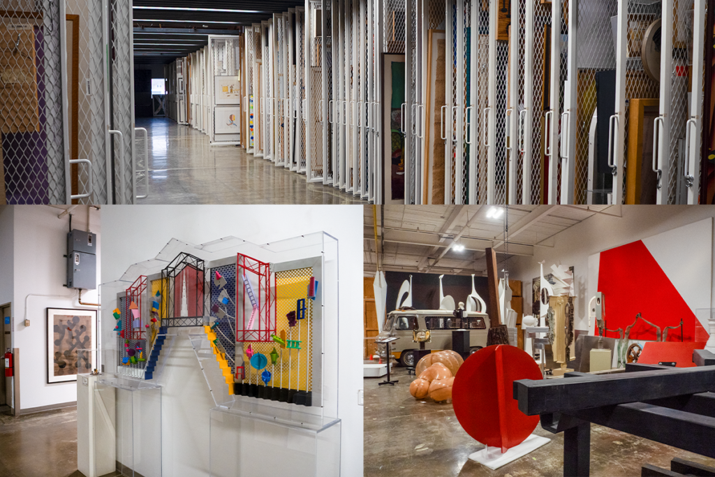 Three images depicting different corners of the Art Bank's huge contemporary art collection.
