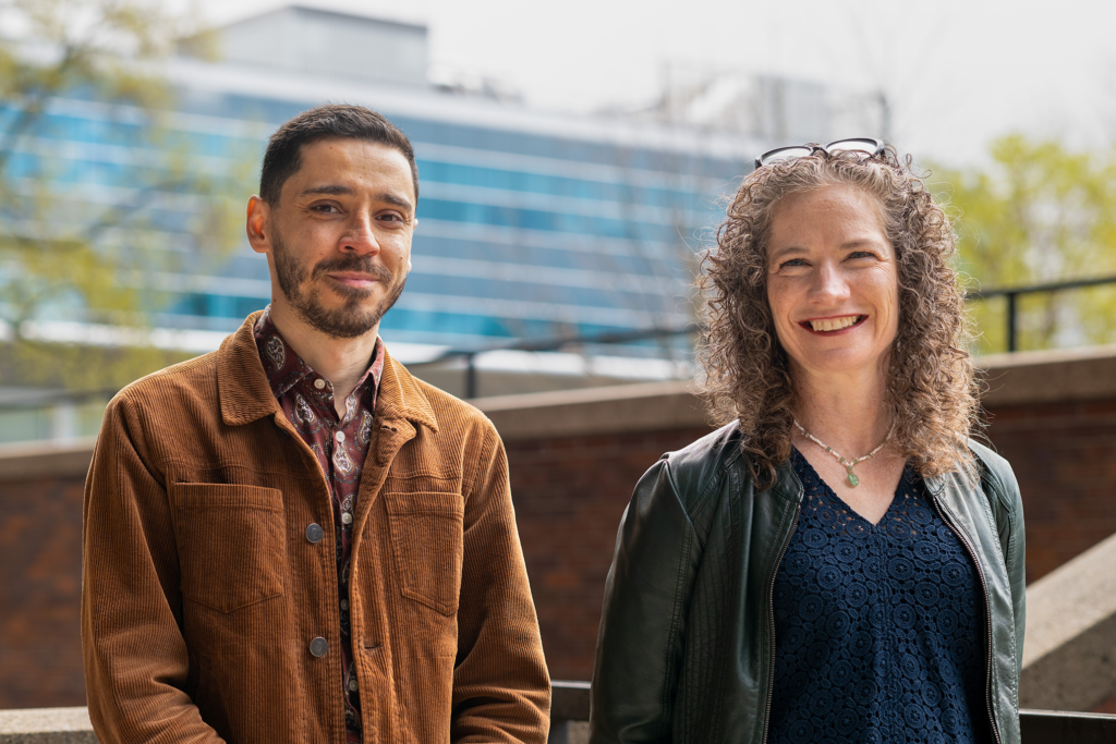 Cihan Erdal and Jacqueline Kennelly standing in the Carleton quad