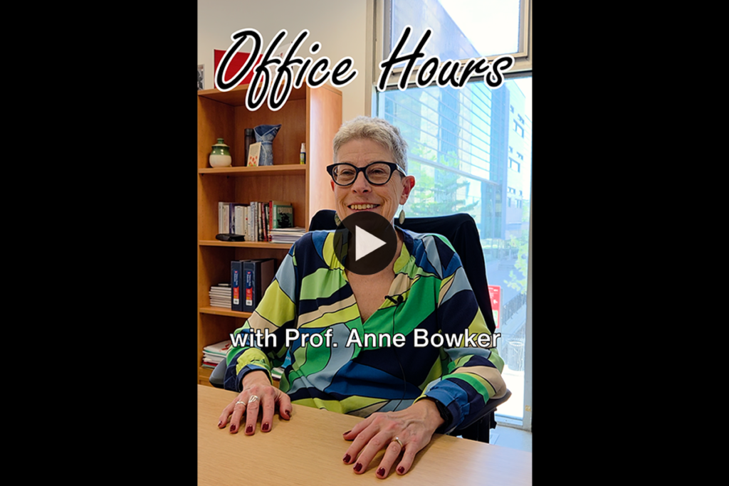 A thumbnail for the video "Office Hours with Anne Bowker" featuring Anne Bowker sitting behind her desk.