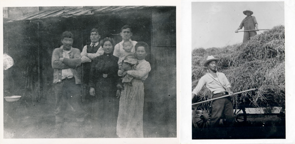 Two black-and-white photographs: one of six people gathered outside a building and another of two people working in a field.