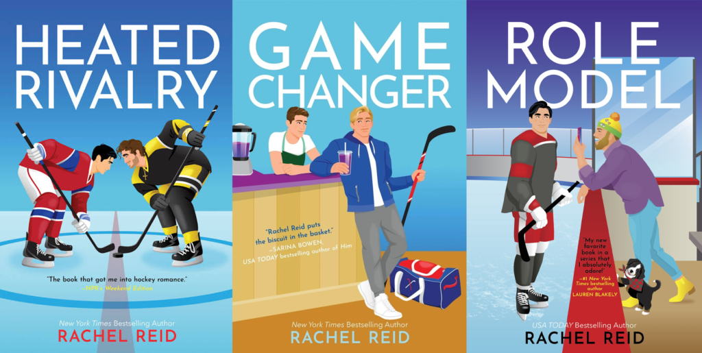 Three illustrated book covers in a hockey romance series large titles reading Heated Rivalry, Game Changer, and Role Model.