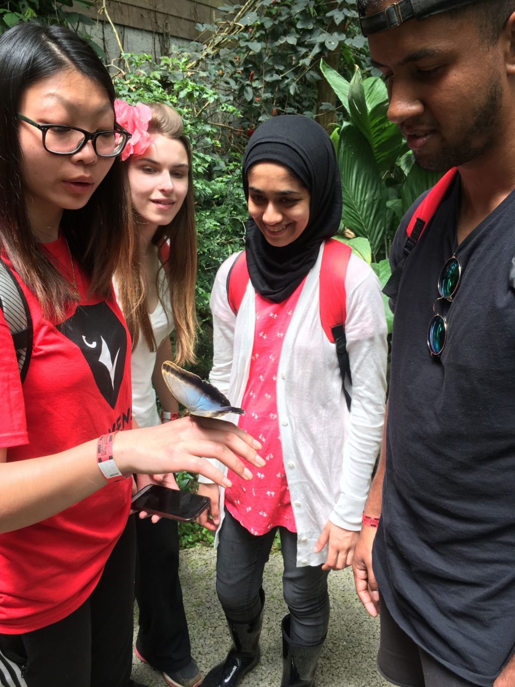 a group of students admiring an insect
