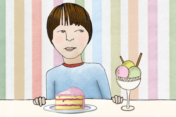 A child trying to decide between cake and ice cream