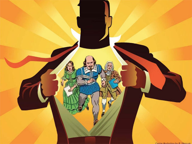 illustration of famous writers/poets as super heroes