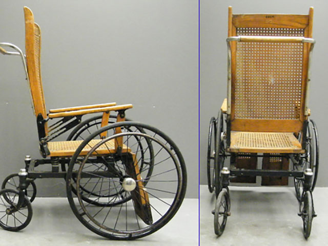 Invalid Chair, unknown manufacture, [pre-1890]. Artifact No. 2013-0100, CSTMC, Ottawa, ON. Photograph by Dorothy J. Smith, April 2014.