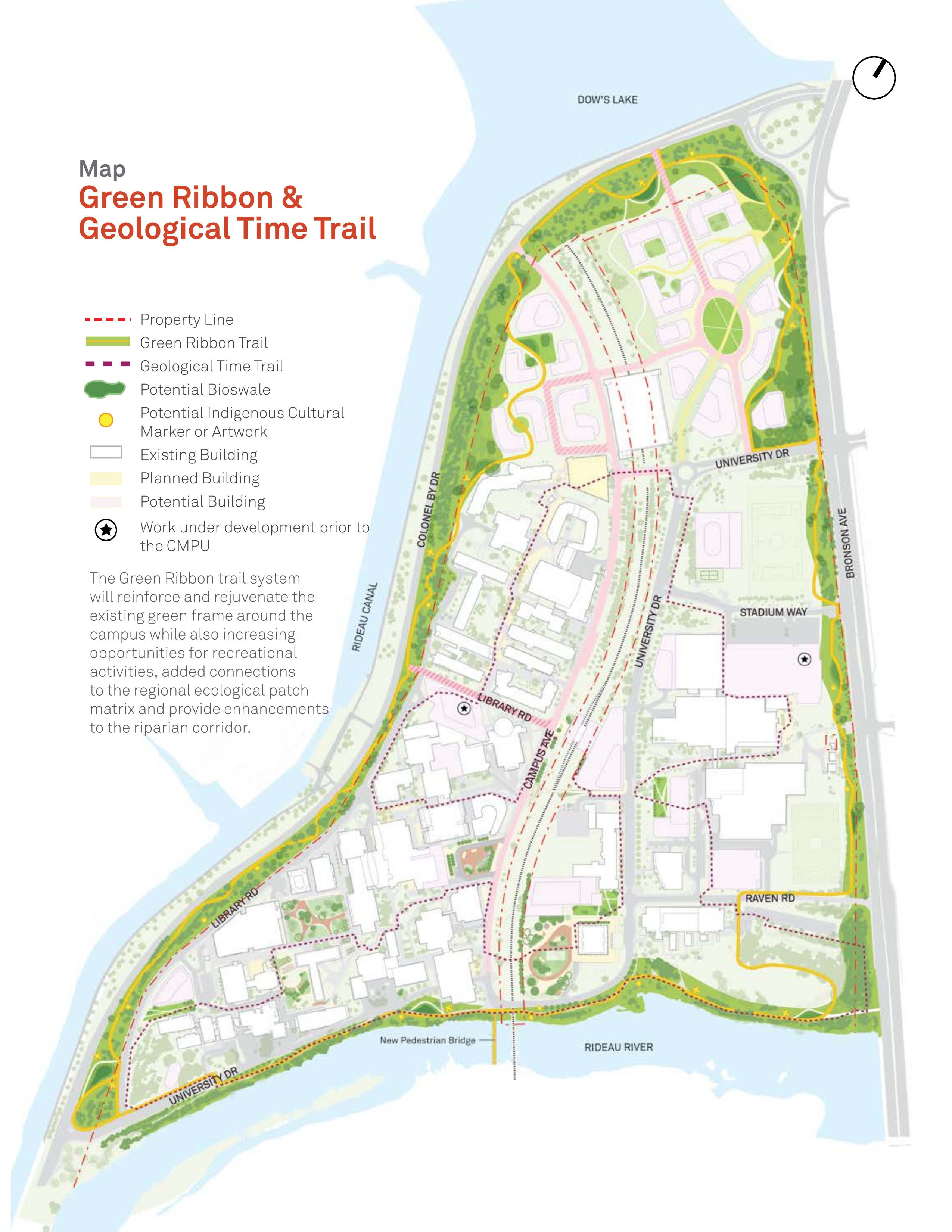 Aerial rendition of the green ribbon and geological time trail map