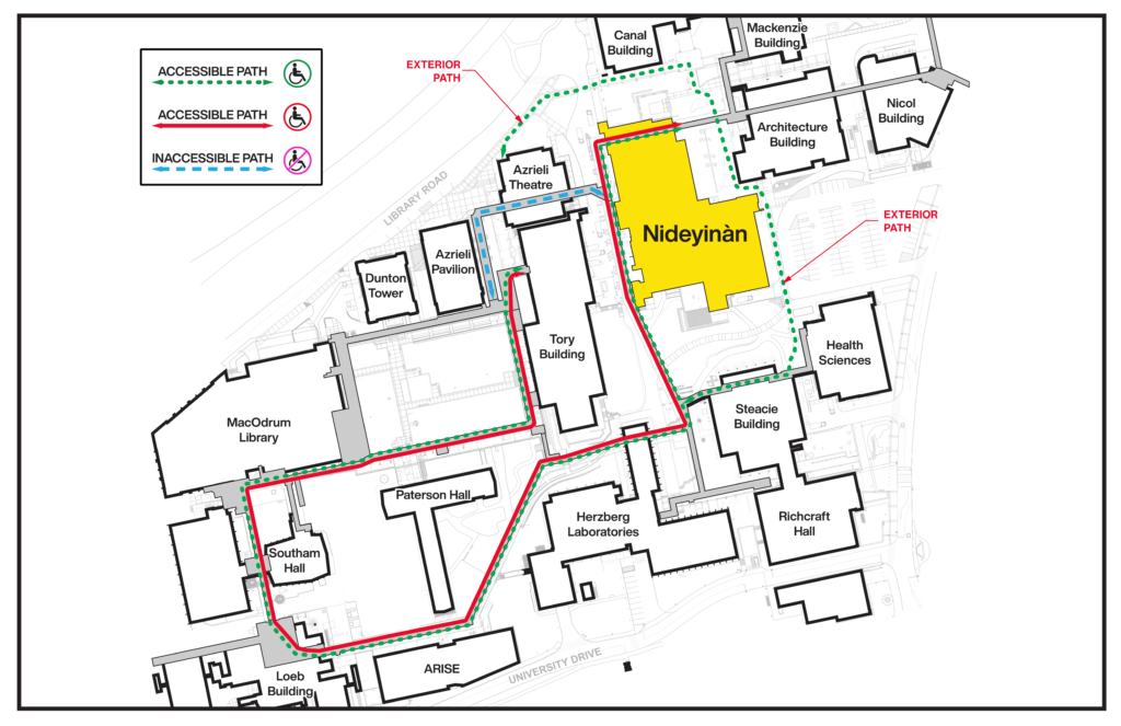 A map of the alternative route around Nideyinàn for those who normally use the elevators in the building.