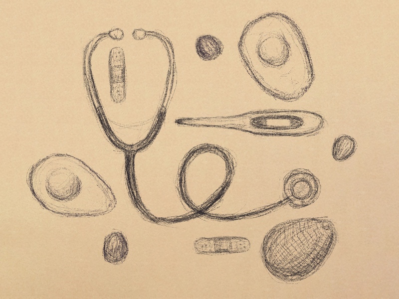 An illustration of a stethoscope, thermometer, avocados, and thermometer.