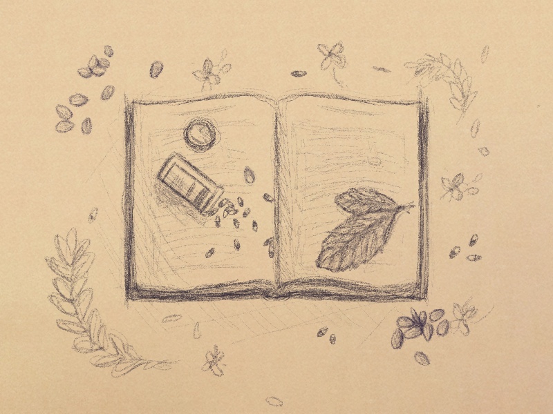 Illustration of an open book surrounded by greens, nuts, and an open pill bottle.