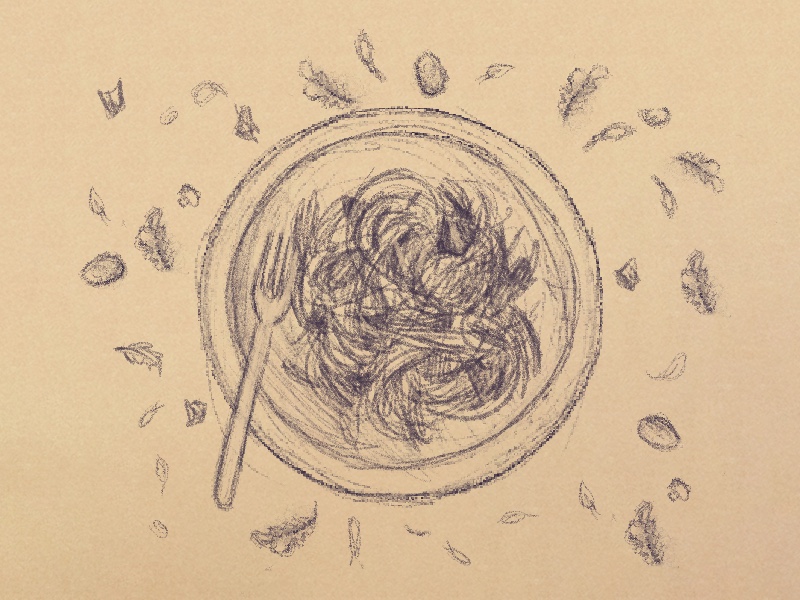 An illustration of a plate of carbonara. Raw ingredients surround the plate.