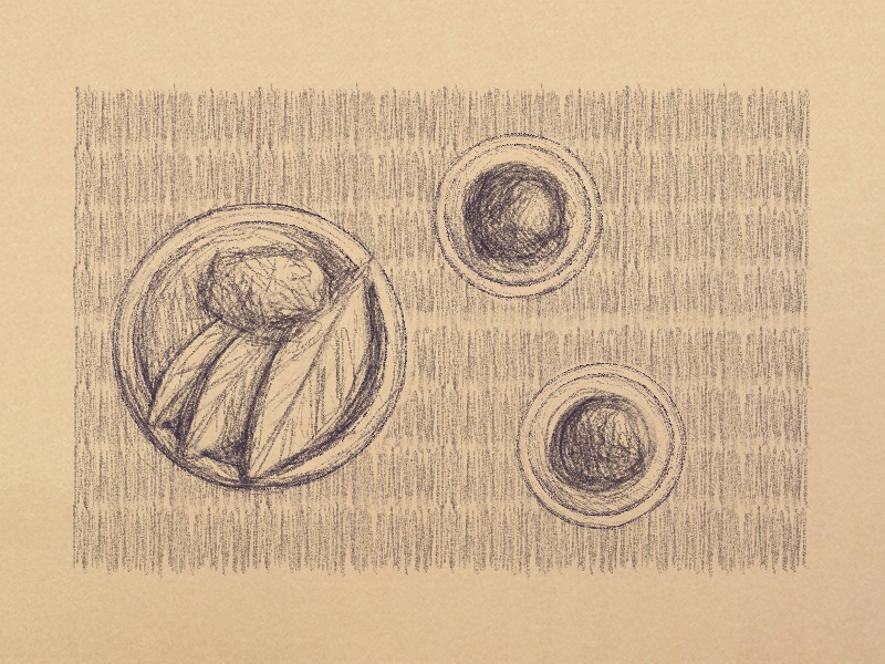 An illustration of three dishes, two with sauces and one with rise on greens, sit on a straw mat.