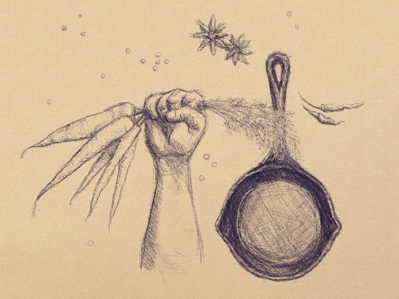 A sketched illustration of a fist in the air holding a bunch of carrots and a cast-iron frying pan. They are surrounded by peppercorns, anise, and hot peppers. 