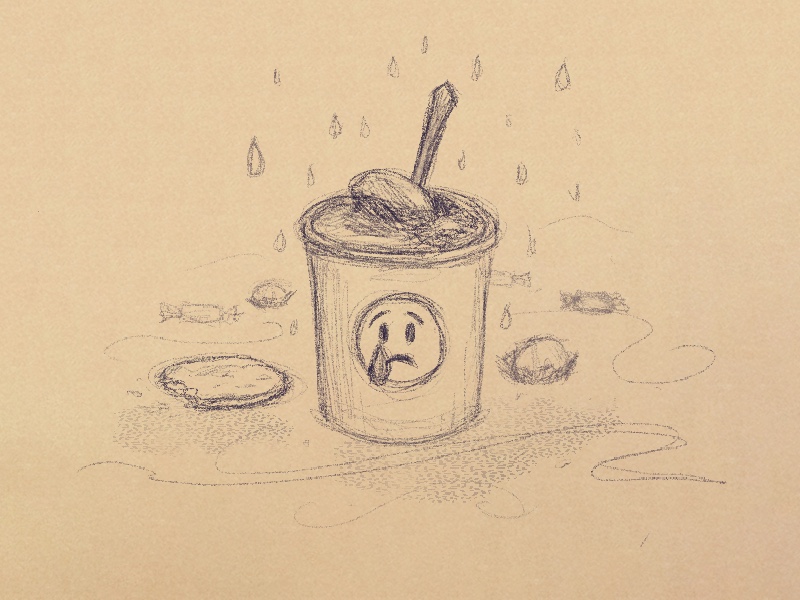 Illustration of a pint of ice cream with a sad face on the front, surrounded by cookies and sweets.