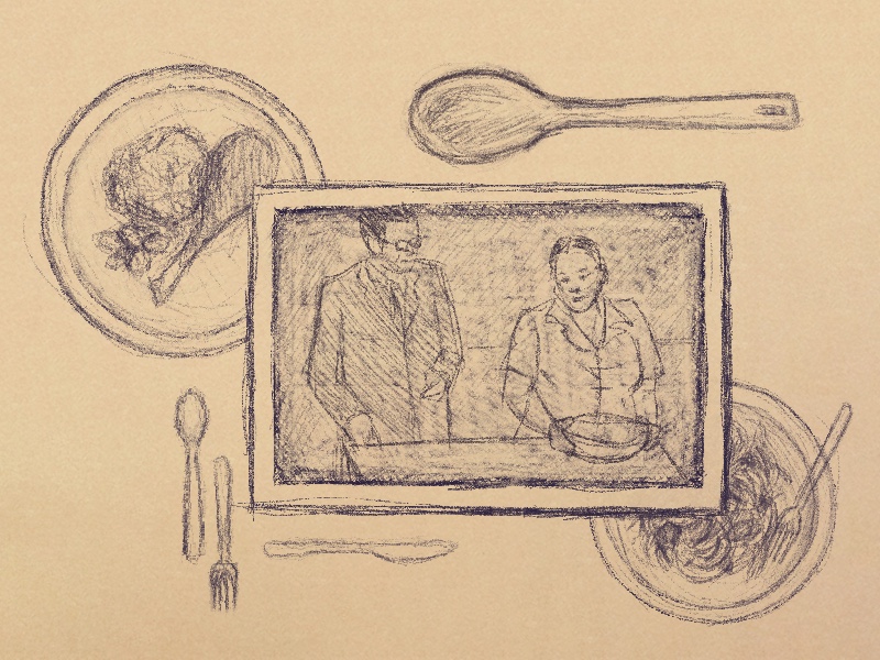 An illustration of a television displaying two figures cooking. It is surrounded by a wooden spoon, utensils, a plate of chicken, and a plate of pasta.