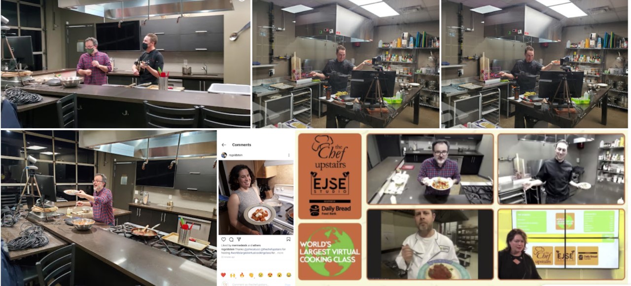 A collage of images depicting a cooking broadcast.