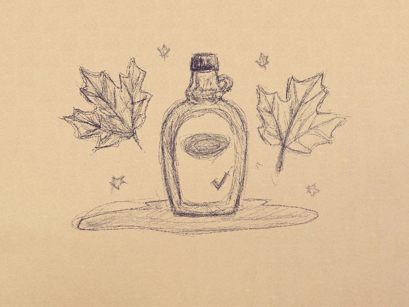 Illustration of a bottle of maple syrup surrounded by maple leaves.