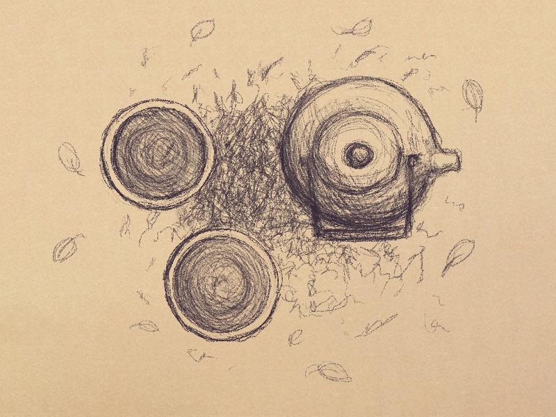 An illustration of a teapot and two cups of tea surrounded by looseleaf tea.