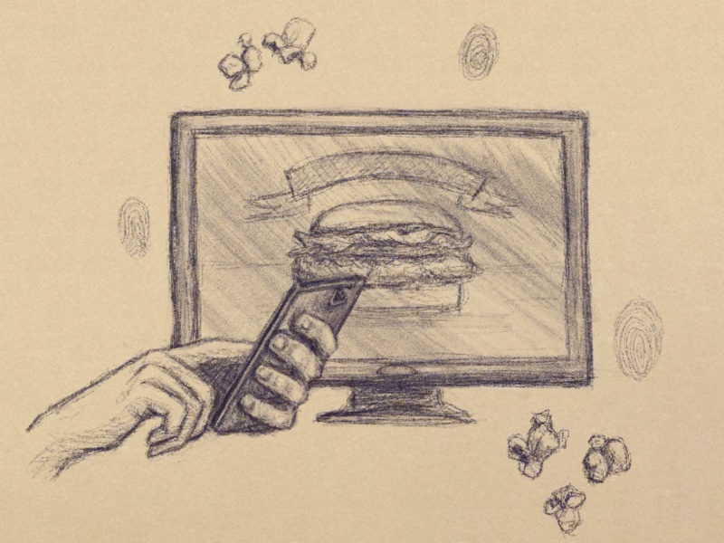 An sketched illustration featuring two hands holding a cell phone and a television dispalying a generic burger ad. They are surrounded by popcorn kernels and fingerprints.