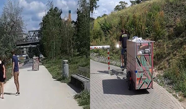 Two photos of the RefuEat cart biking down a paved pathway.