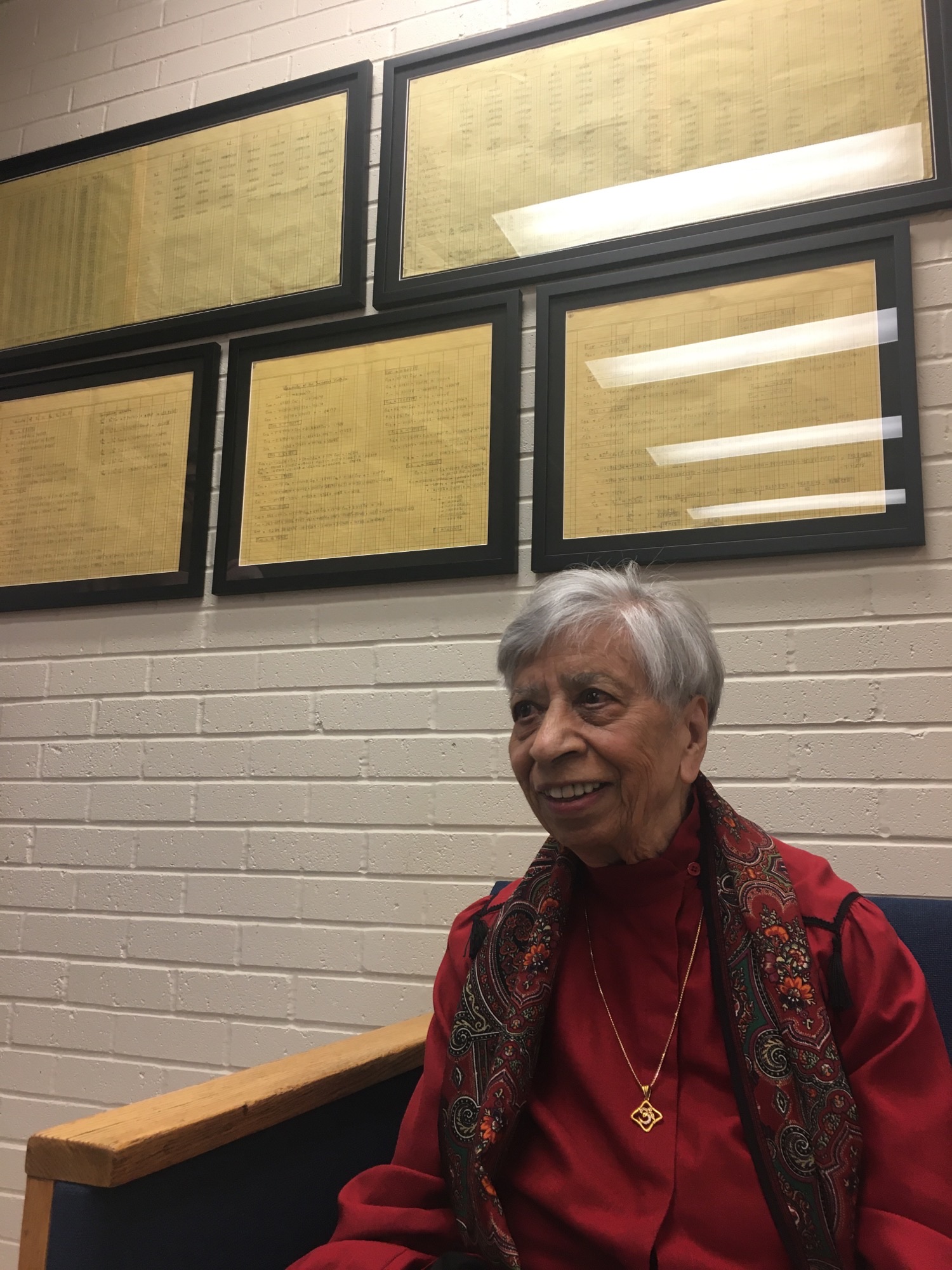 Prof. Kanta Marwah poses in front of her framed equation.