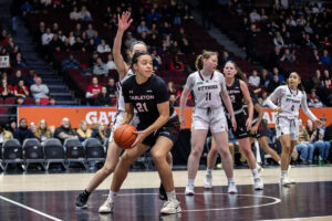 Nathalie Francis plays the ball during a recent Carleton University Women’s Basketball game (photo by Charles Fortin)