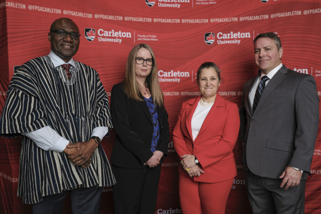 Group photo: Wisdom Tettey, FPGA Interim Dean, Mary Francoli, the Honourable Chrytia Freeland, and Professor Paul Goode
