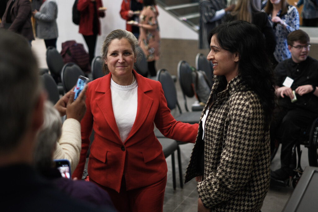 The Honourable Chrystia Freeland poses with guests during the 2026 Bell Lecture