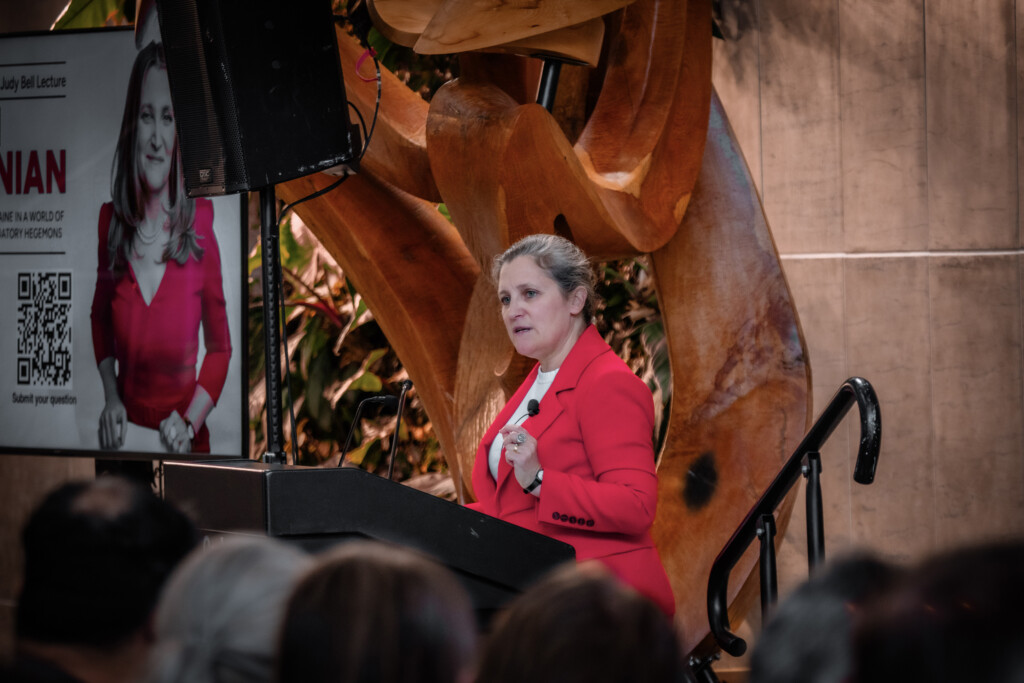 Photo of the Honourable Chrystia Freeland speaking during the 2026 Bell Lecture