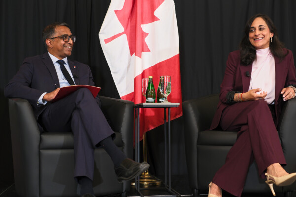 NPSIA Director Yiagadeesen (Teddy) Samy and Canada’s Minister of Foreign Affairs Anita Anand have a discussion on multilateralism in a complex world on Sept. 18, 2026 as part of NPSIA’s 60th anniversary celebration.