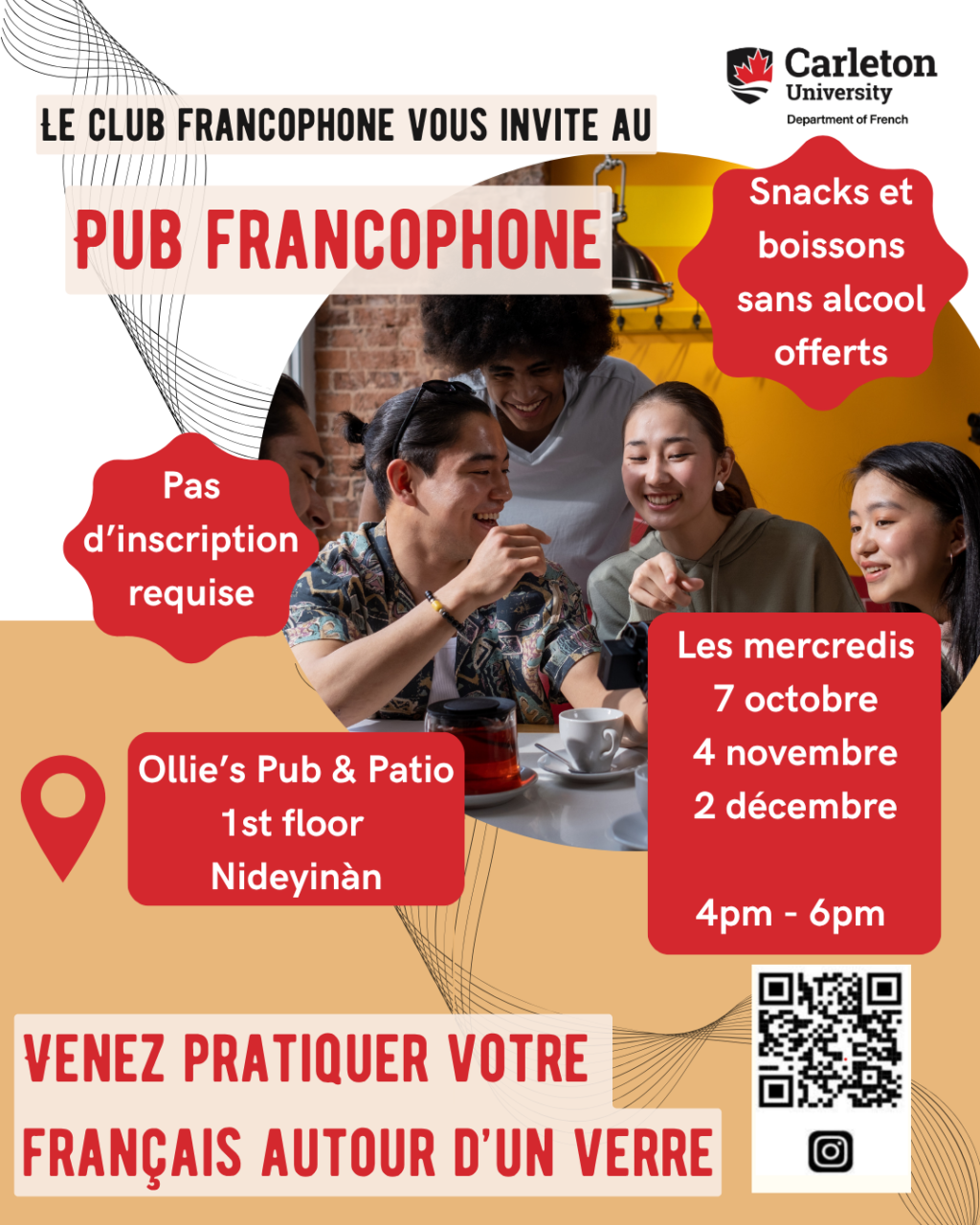 Poster with people talking. Dates of the pub nights fall 2026:  Oct.7, Nov. 4 and Dec. 2, 4:00-6:00pm  Ollie's Pub and Patio.