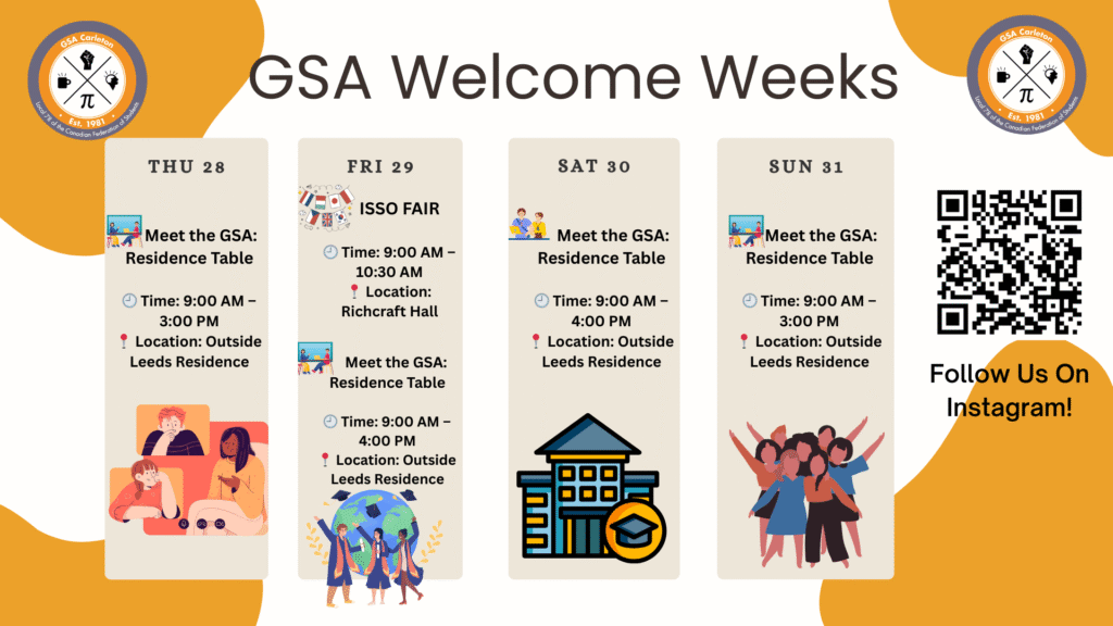 Graphic of GSA Welcome Weeks calendar. See text of calendar below images.
