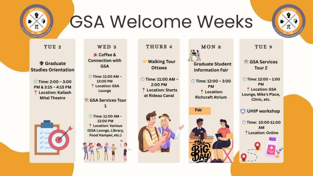 Graphic of GSA Welcome Weeks calendar. See text of calendar below images.
