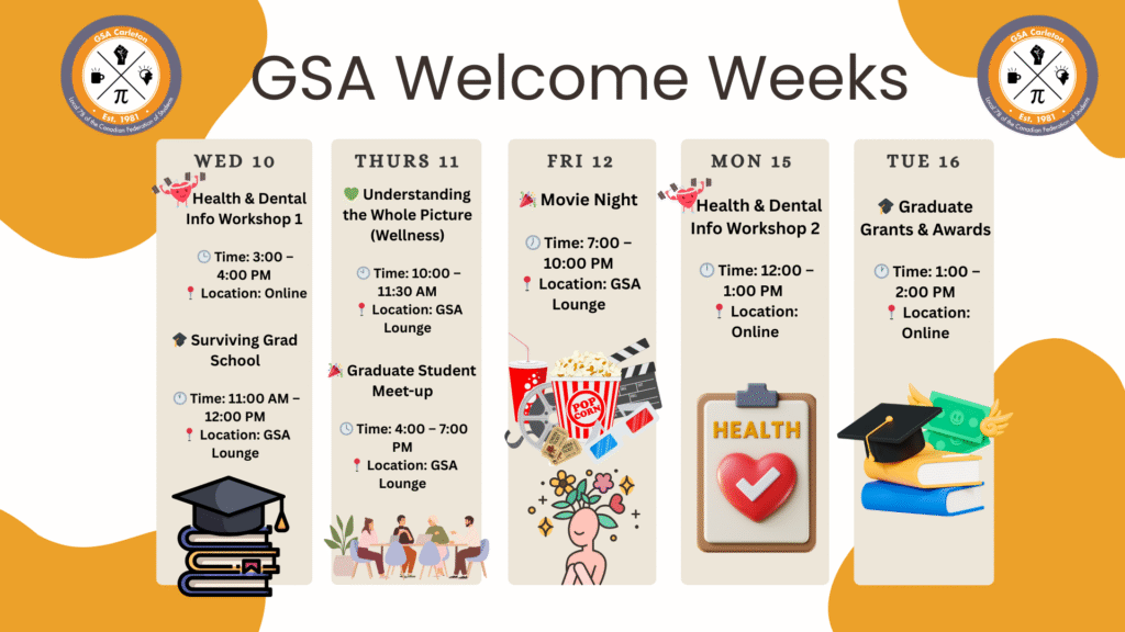 Graphic of GSA Welcome Weeks calendar. See text of calendar below images.