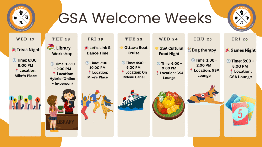 Graphic of GSA Welcome Weeks calendar. See text of calendar below images.