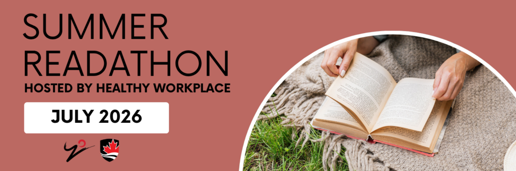 Summer Readathon Poster including photos of person reading book outside on a blanket in the grass