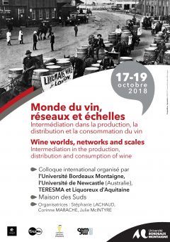 poster from conference showing people sitting on barrels of wine