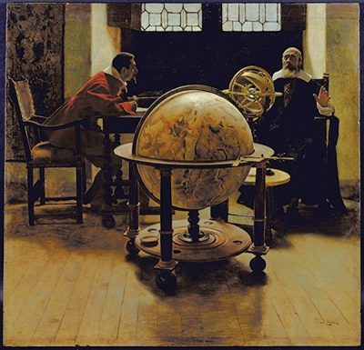 two male scholars facing each other at a table who are sitting behind a large globe
