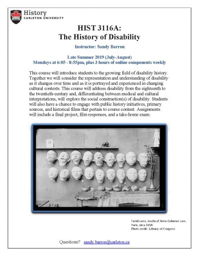 poster to promote the course including a black and white photo of facial casts in white plaster