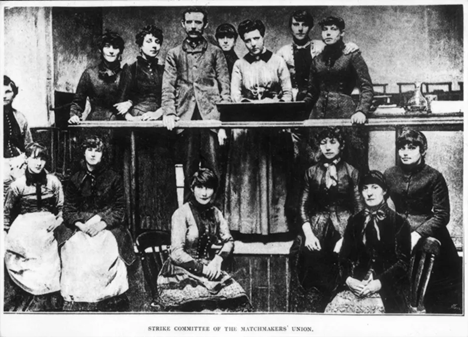 black and white photo of standing women titled Strike Committee of the Matchmakers Union