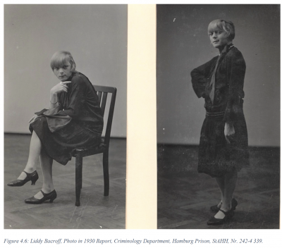 two black and white photos of Liddy Bacroff from 1930. One picture has Liddy standing while the other has Liddy seated on a chair.