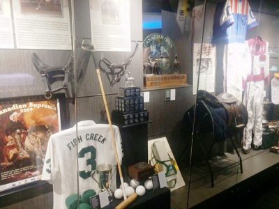 display case with jersey, horse bridles, and polo club