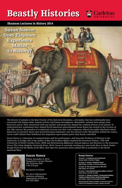 Beastly Histories, Shannon Lectures, Susan Nance, Elephant Experience, poster