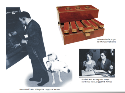 one of the panels that is part of the display showing a braille machine and a man with a seeing eye dog