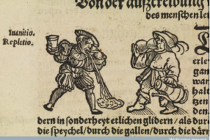 woodcut of drinking and vomiting, for Rod Phillips, Writing the History of Alcohol