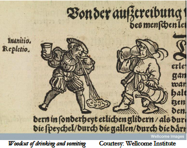 woodcut of drinking and vomiting, for Rod Phillips, Writing the History of Alcohol