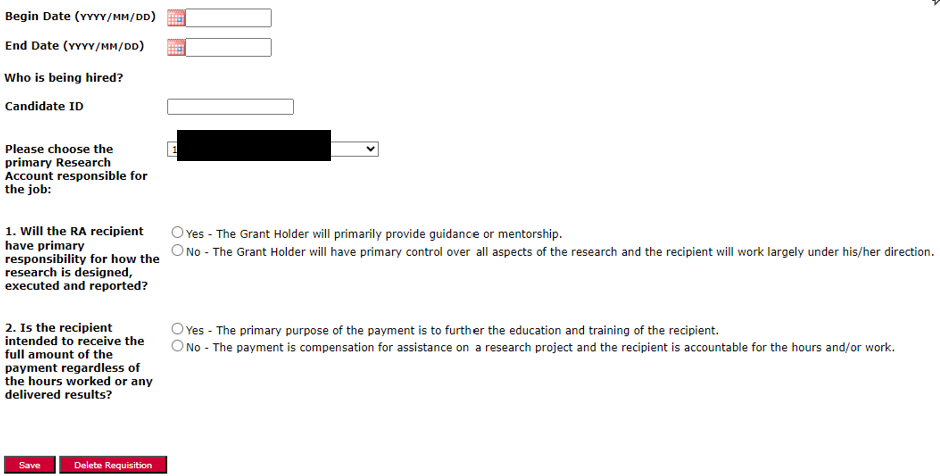 Visual representation of the initial page to create your submission: Start and end dates and Research Assistant duties